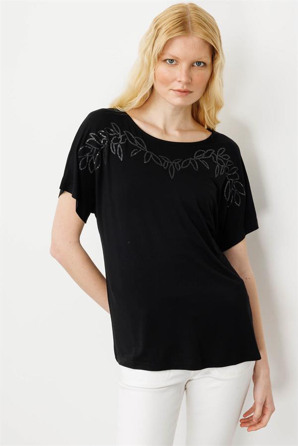 Kadın Sıfır Yaka Boncuk İşlemeli Penye T-shirt Siyah