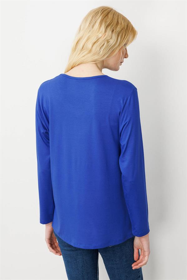 Kadın V Yaka Boncuk İşlemeli Penye Bluz Saks