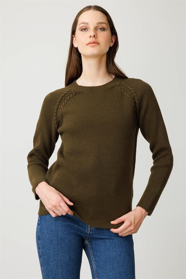 Kadın Sıfır Yaka Boncuklu Yün Kazak A.Yeşili