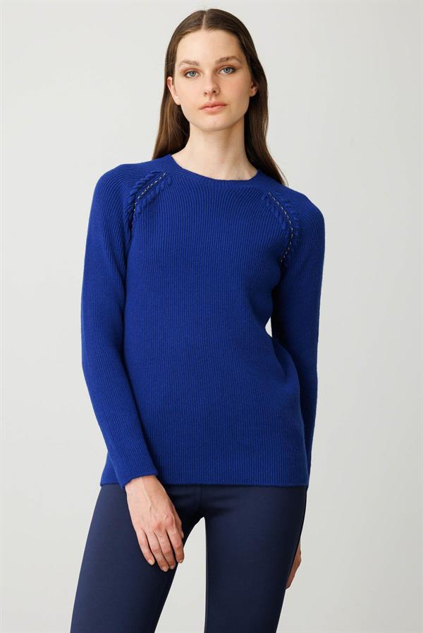 Kadın Sıfır Yaka Boncuklu Yün Kazak K.S.Mavi