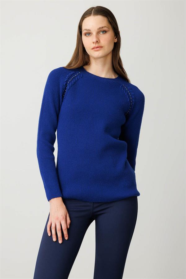 Kadın Sıfır Yaka Boncuklu Yün Kazak K.S.Mavi