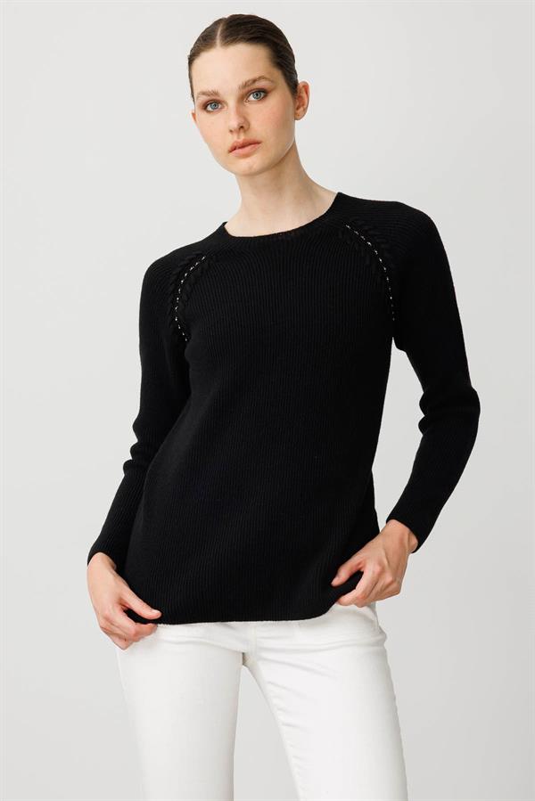 Kadın Sıfır Yaka Boncuklu Yün Kazak Siyah