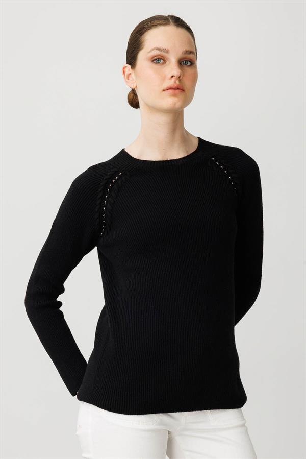 Kadın Sıfır Yaka Boncuklu Yün Kazak Siyah