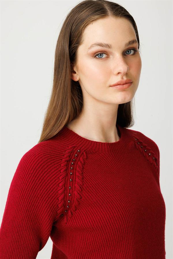 Kadın Sıfır Yaka Boncuklu Yün Kazak V.Çürüğü