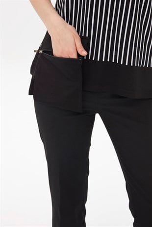 Женская хлопковая футболка с круглой горловиной и карманами в полоску темно ченого цвета