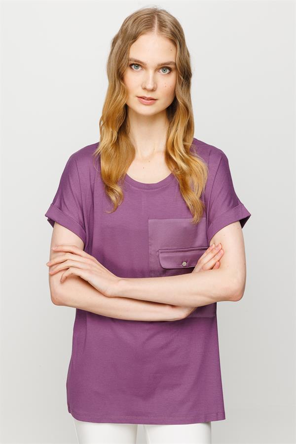 Womens Crew Neck Pocket Satin T-shirt Lavender