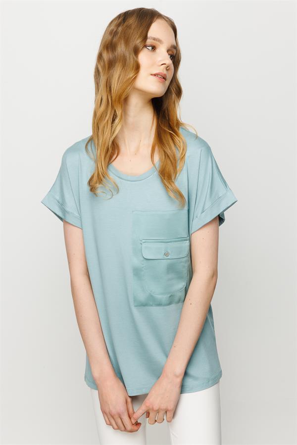 Womens Crew Neck Pocket Satin T-shirt S.Green