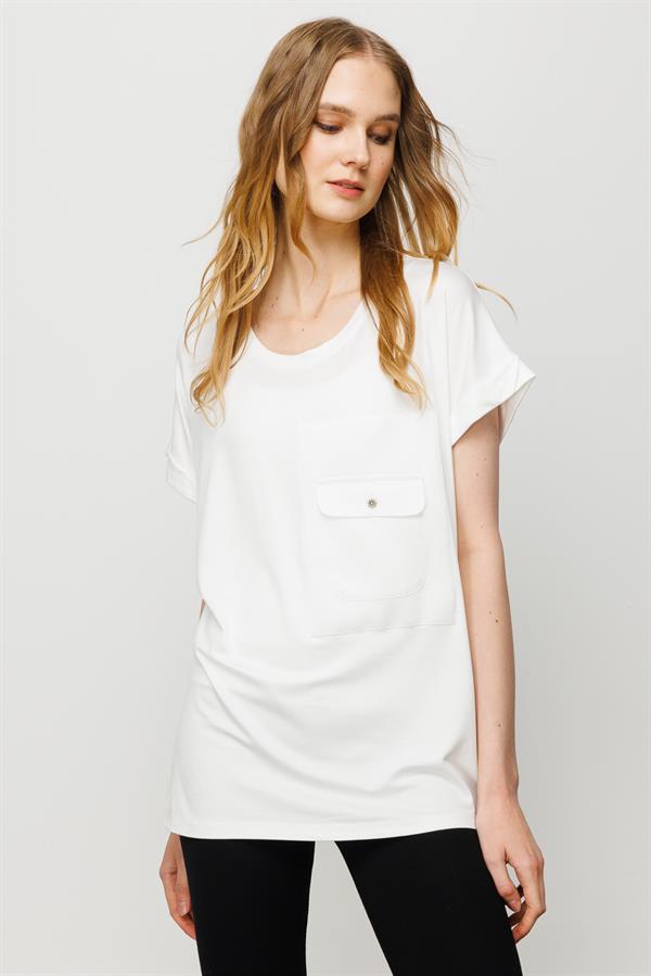 Womens Crew Neck Pocket Satin T-shirt Cream