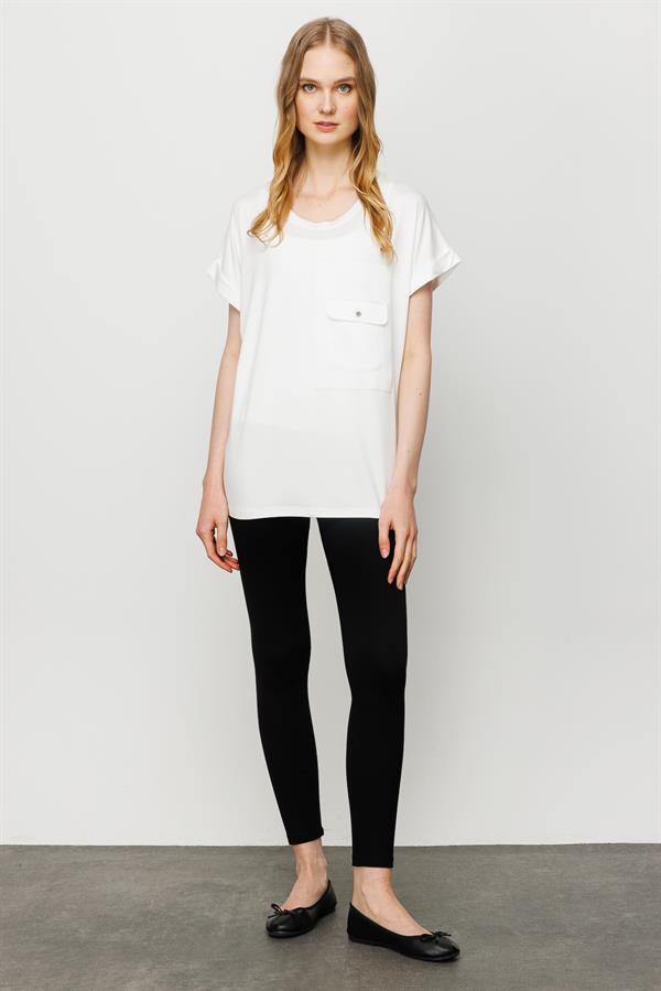 Womens Crew Neck Pocket Satin T-shirt Cream
