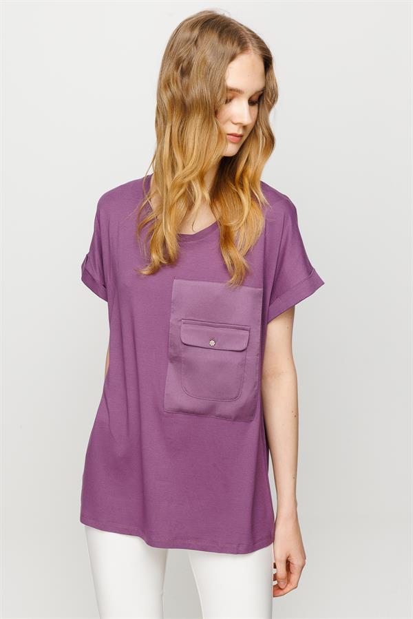 Womens Crew Neck Pocket Satin T-shirt Lavender