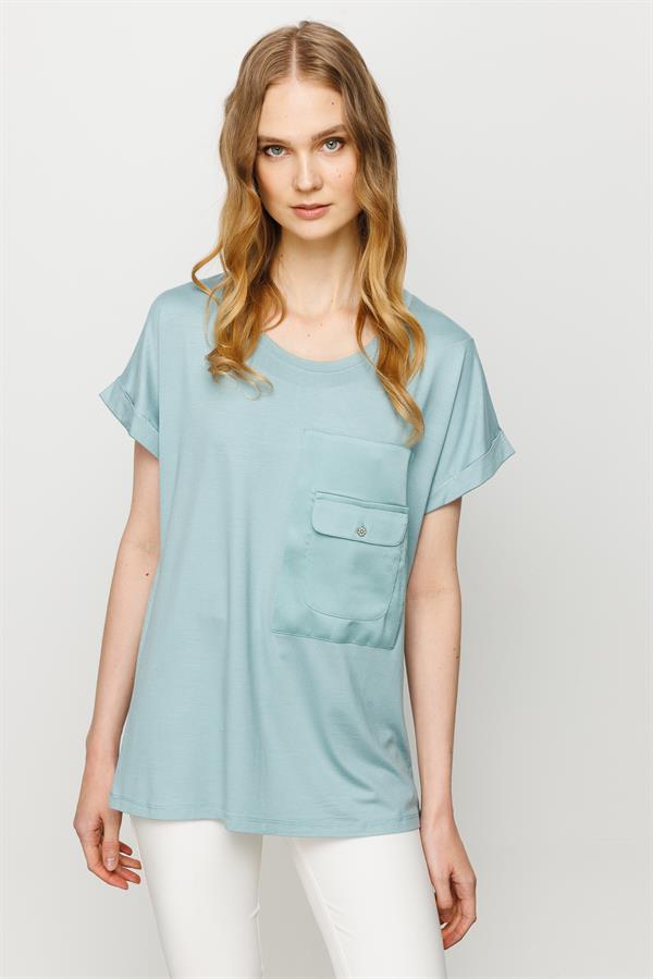 Womens Crew Neck Pocket Satin T-shirt S.Green