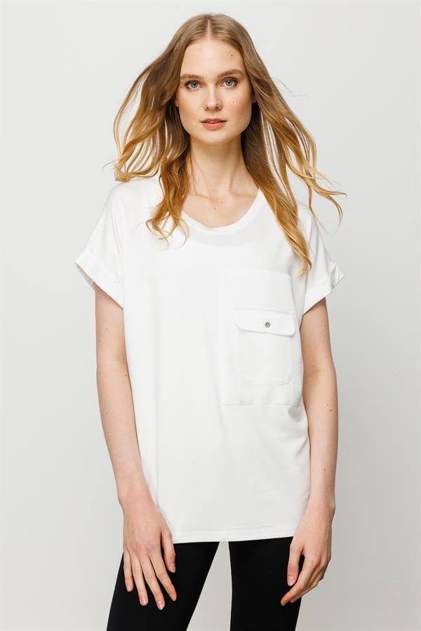 Womens Crew Neck Pocket Satin T-shirt Cream