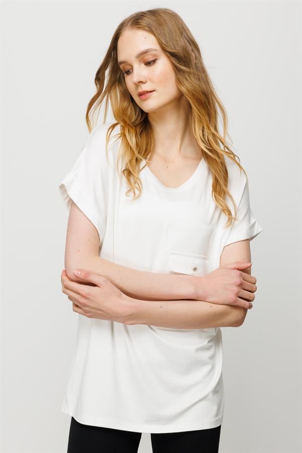 Womens Crew Neck Pocket Satin T-shirt Cream