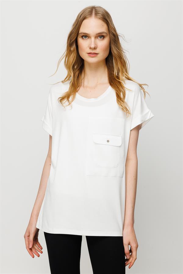Womens Crew Neck Pocket Satin T-shirt Cream