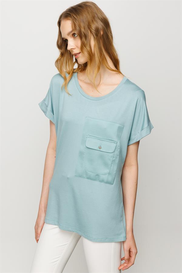 Womens Crew Neck Pocket Satin T-shirt S.Green