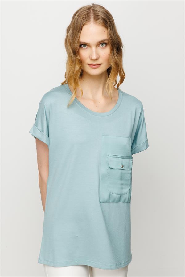 Womens Crew Neck Pocket Satin T-shirt S.Green