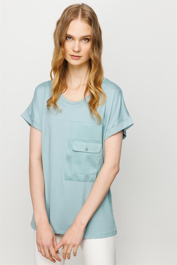 Womens Crew Neck Pocket Satin T-shirt S.Green