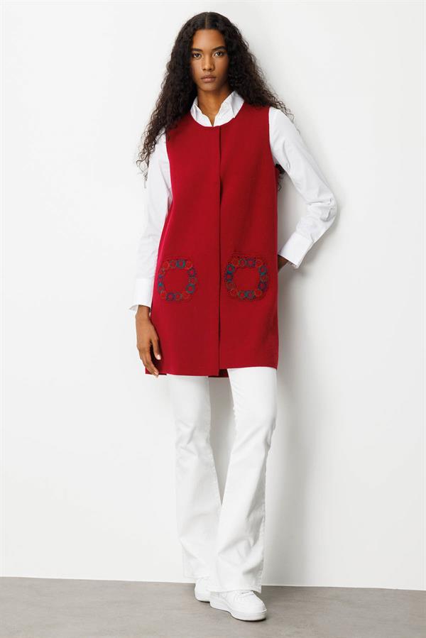 Kadın Sıfır Yaka Cebi Tığlamalı Uzun Yün Yelek V.Çürüğü