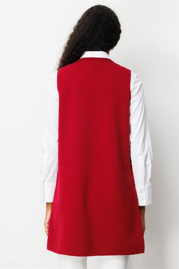 Kadın Sıfır Yaka Cebi Tığlamalı Uzun Yün Yelek V.Çürüğü