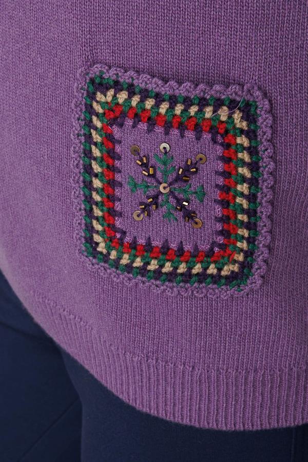 Kadın Sıfır Yaka Cebi ve Yakası Renkli Tığlamalı Yün Süveter Mor