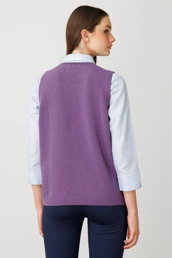 Kadın Sıfır Yaka Cebi ve Yakası Renkli Tığlamalı Yün Süveter Mor