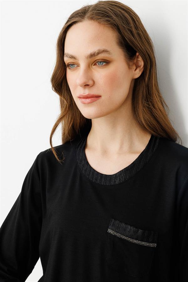 Kadın Sıfır Yaka Cebi ve Yakası Simli Çizgili Penye Bluz Siyah