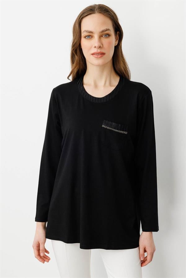 Kadın Sıfır Yaka Cebi ve Yakası Simli Çizgili Penye Bluz Siyah