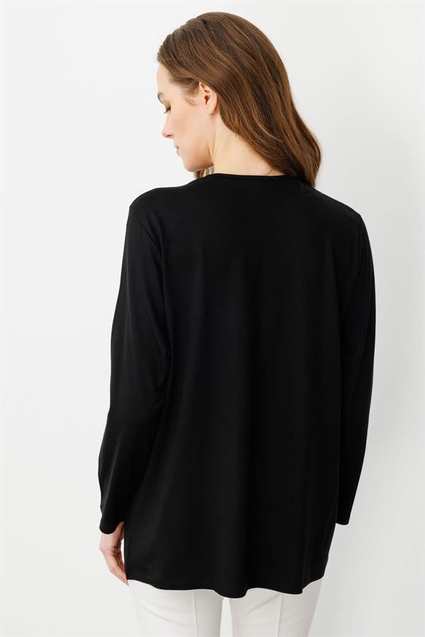 Kadın Sıfır Yaka Cebi ve Yakası Simli Çizgili Penye Bluz Siyah