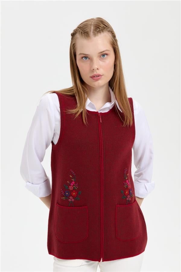 Kadın Sıfır Yaka Cep Üstü İşlemeli Kısa Yün Yelek V.Kırmızı