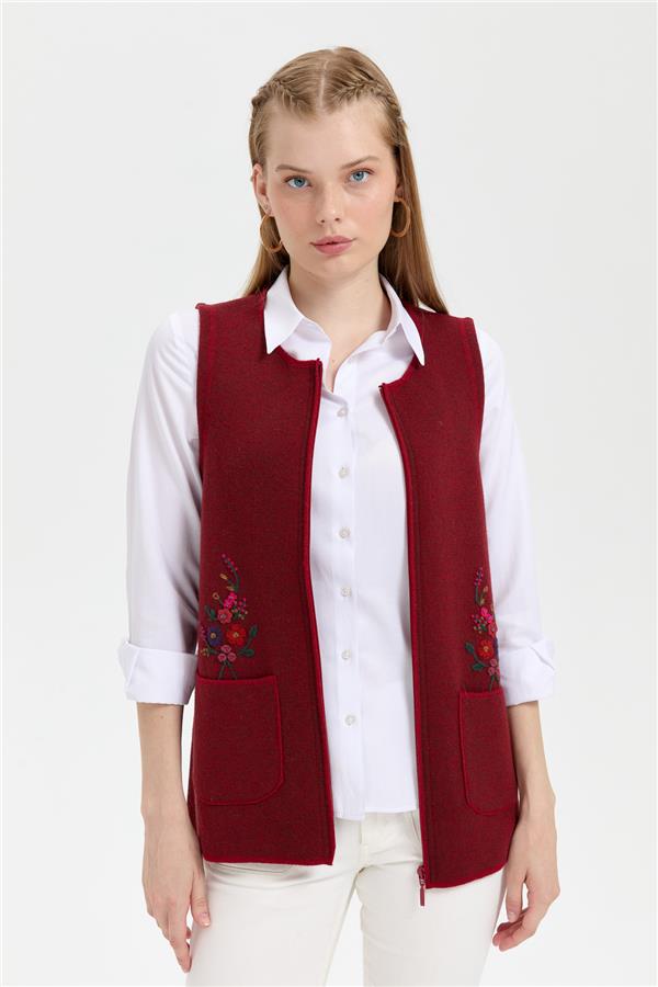 Kadın Sıfır Yaka Cep Üstü İşlemeli Kısa Yün Yelek V.Kırmızı