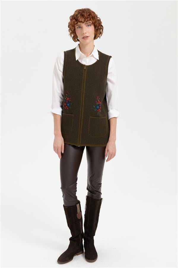 Kadın Sıfır Yaka Cep Üstü İşlemeli Kısa Yün Yelek A.Yeşil