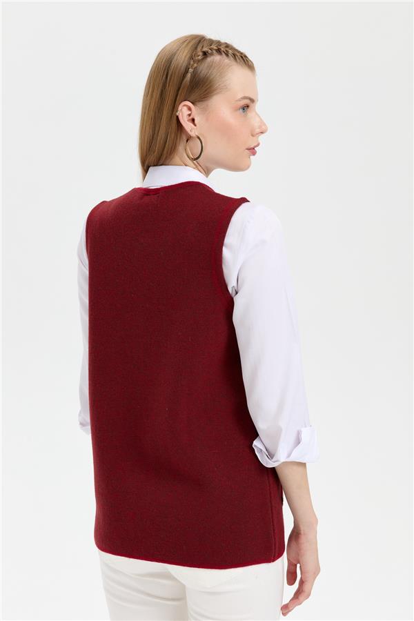 Kadın Sıfır Yaka Cep Üstü İşlemeli Kısa Yün Yelek V.Kırmızı