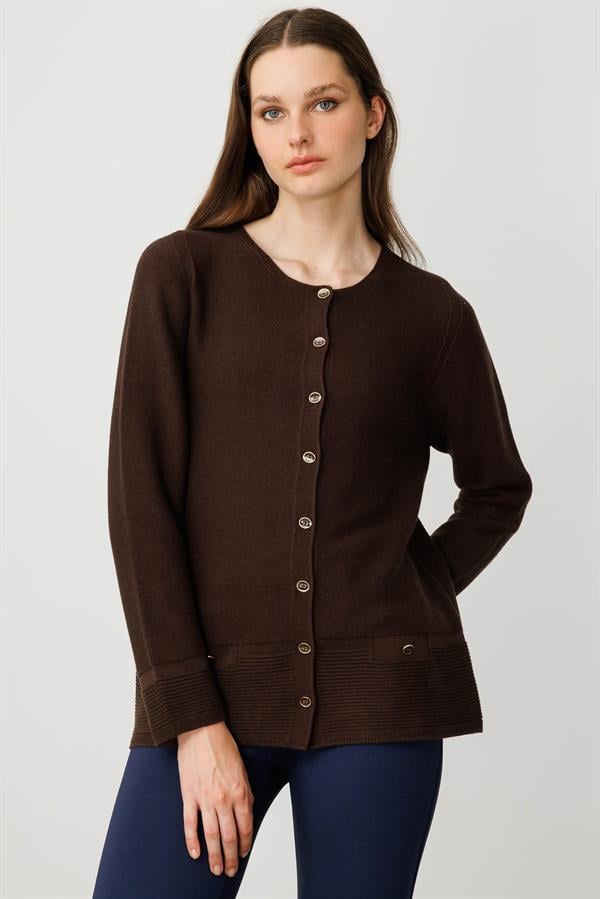 Kadın Sıfır Yaka Cepli Düğmeli Ceket Kahve