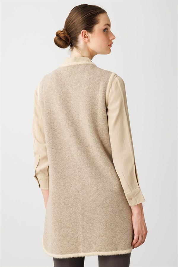 Kadın Sıfır Yaka Çiçekli Uzun Yün Yelek K.Bej