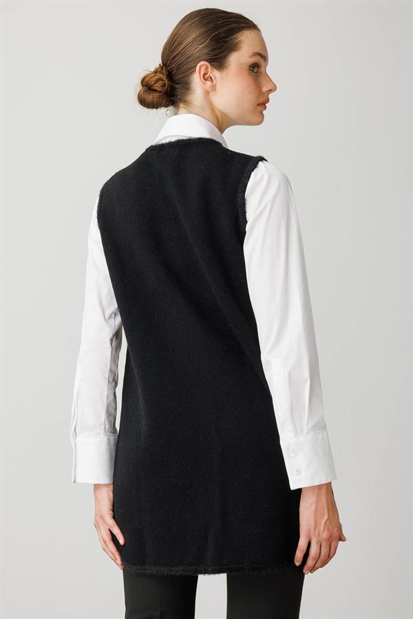 Kadın Sıfır Yaka Çiçekli Uzun Yün Yelek Siyah