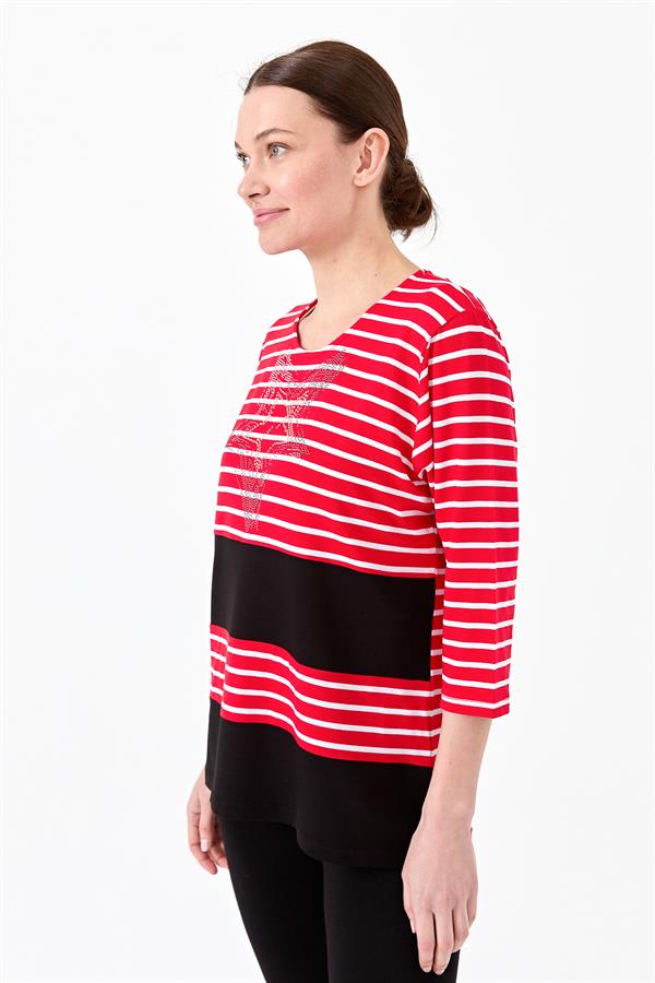 Kadın Sıfır Yaka Çizgili Önü Taşlı Penye Bluz Kırmızı