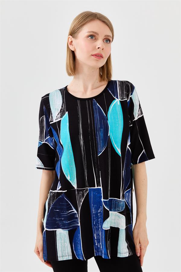 Kadın Sıfır Yaka Çizgili Penye T-shirt Lacivert