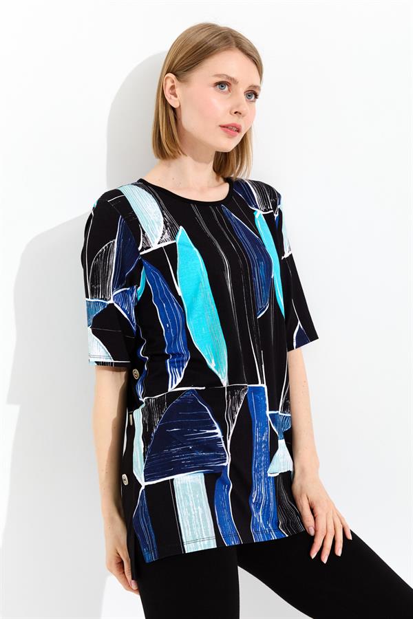 Kadın Sıfır Yaka Çizgili Penye T-shirt Lacivert