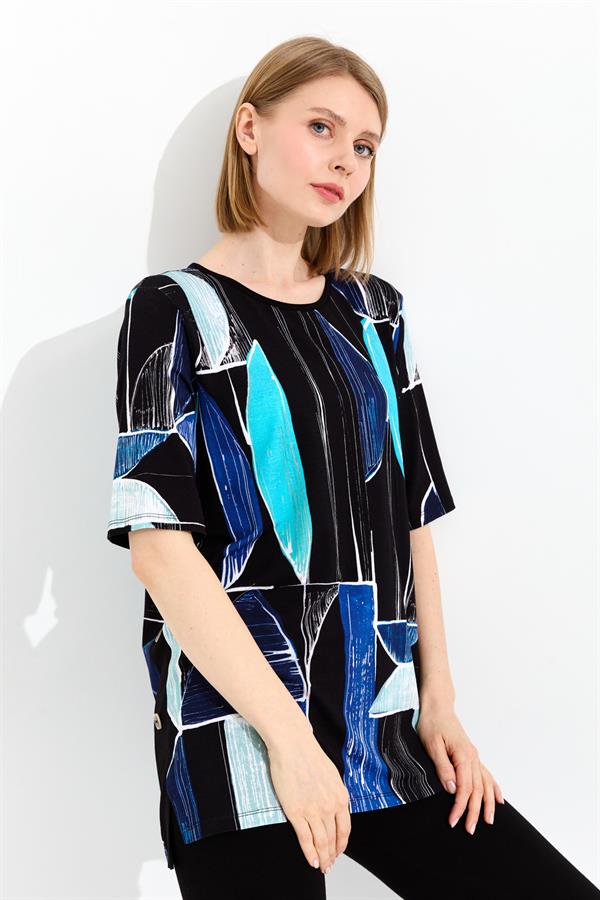 Kadın Sıfır Yaka Çizgili Penye T-shirt Lacivert