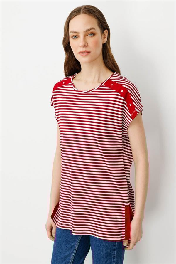 Kadın Sıfır Yaka Çizgili Penye T-shirt Kırmızı