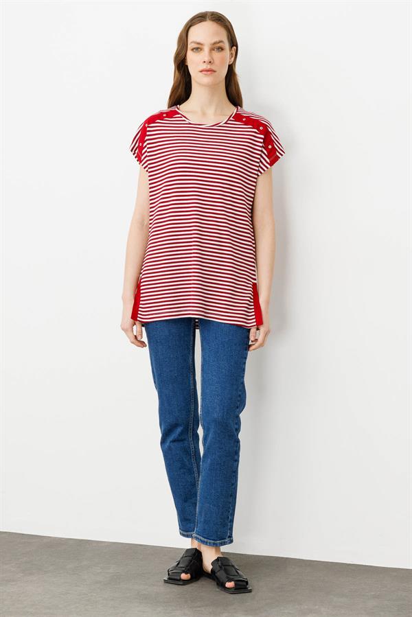 Kadın Sıfır Yaka Çizgili Penye T-shirt Kırmızı