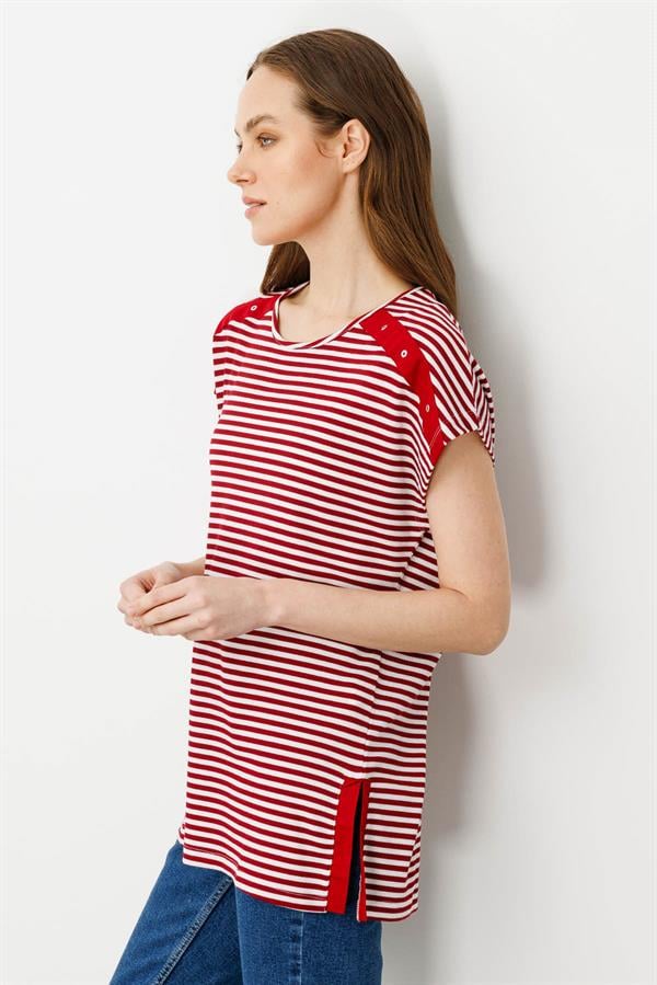 Kadın Sıfır Yaka Çizgili Penye T-shirt Kırmızı