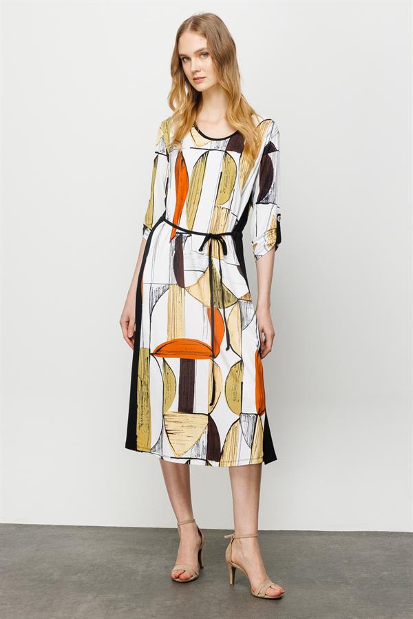 Женское хлопковое платье с круглым вырезом в полоску и цветным рисунком черное