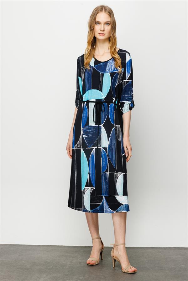 Женское хлопковое платье с круглым вырезом в полоску и цветным рисунком темно синее