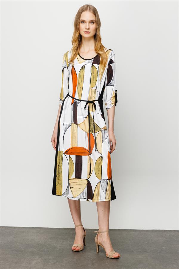 Женское хлопковое платье с круглым вырезом в полоску и цветным рисунком черное