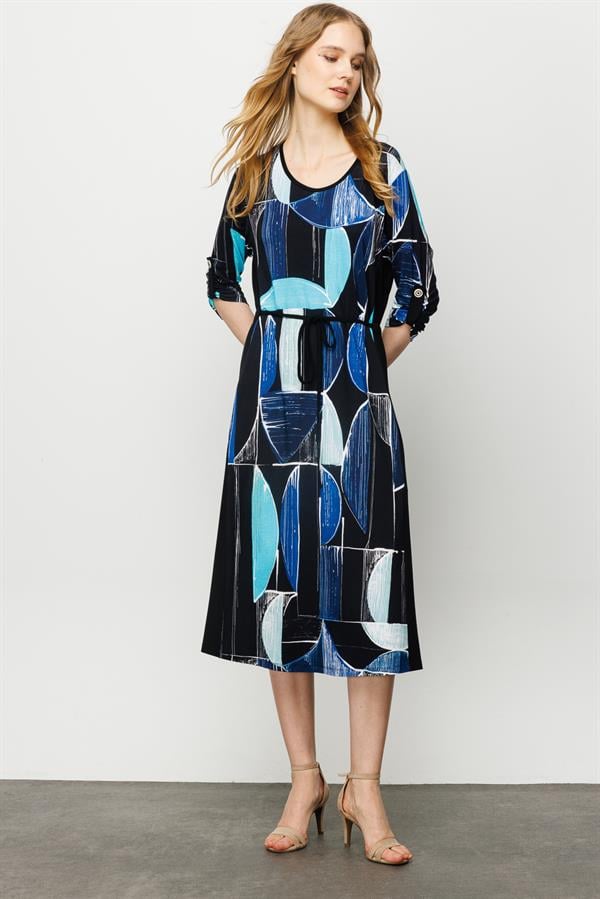 Женское хлопковое платье с круглым вырезом в полоску и цветным рисунком темно синее