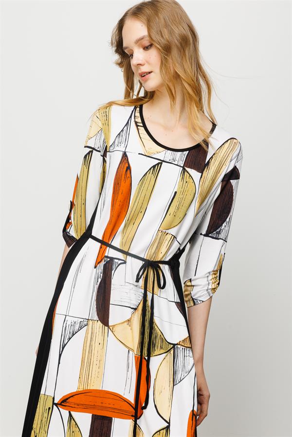 Женское хлопковое платье с круглым вырезом в полоску и цветным рисунком черное