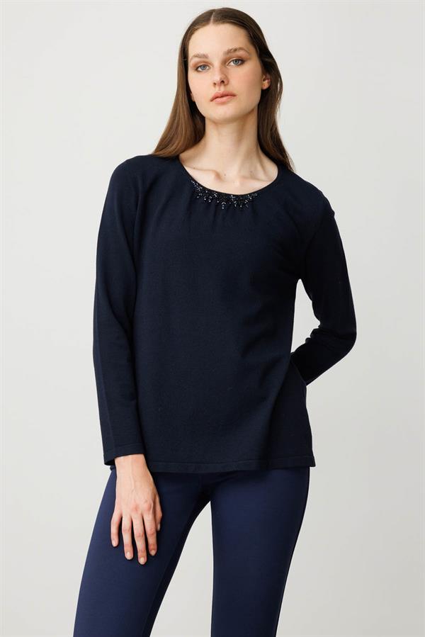 Kadın Dantel Çiçek İşlemeli Ligralı Bluz K.Lacivert