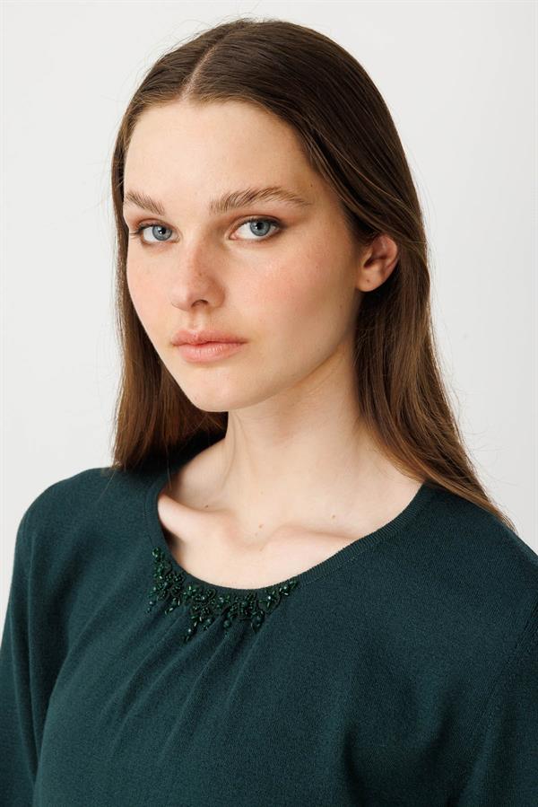 Kadın Dantel Çiçek İşlemeli Ligralı Bluz Yeşil