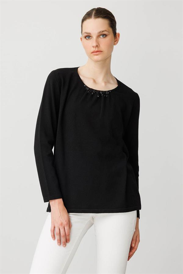 Kadın Dantel Çiçek İşlemeli Ligralı Bluz Siyah